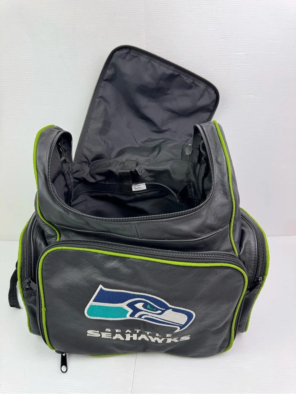 Seattle Seahawks Genuine Leather Backpack VTG Style Black Action Green NFL